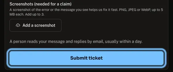 Andalu's claim form with the Submit ticket button ringed