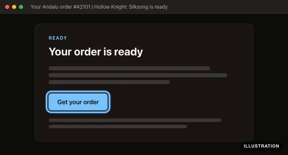 Illustration of the Andalu order email, Your order is ready, with the Get your order button ringed