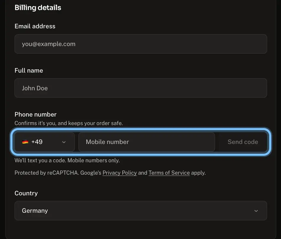 The Billing details section of Andalu checkout, empty: email, full name, phone number and country, with the phone number box and its Send code button ringed