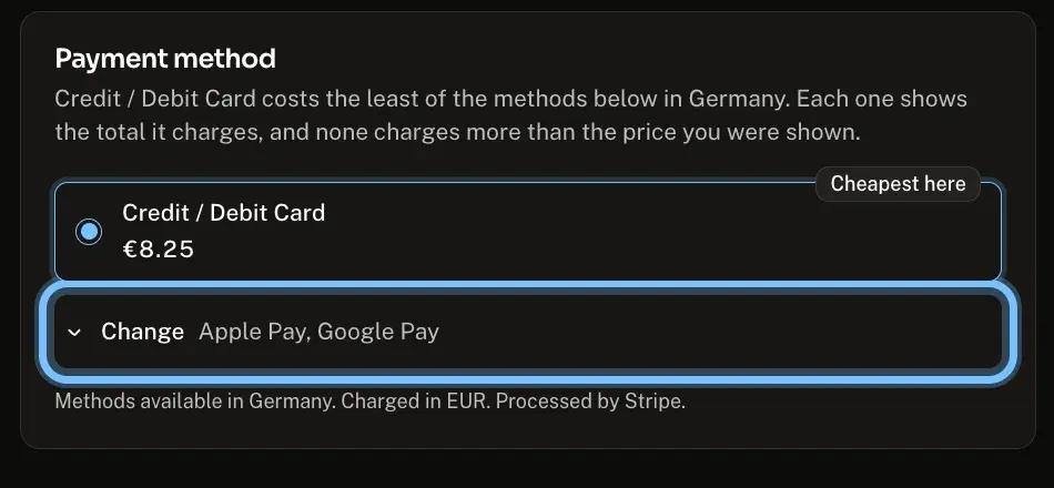 The Payment method section of Andalu checkout, showing the method chosen for you with its total, and the Change control ringed under it