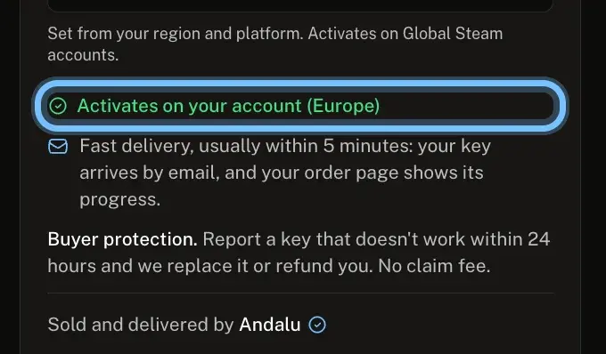 The buy box on an Andalu product page with the line Activates on your account (Europe) ringed