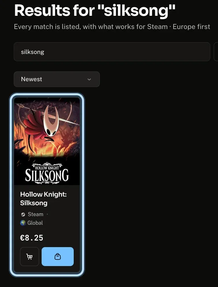 Andalu search results for silksong, with the Hollow Knight: Silksong listing ringed