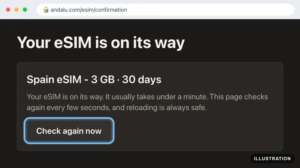 Illustration of the Andalu eSIM page while the eSIM is on its way, with Check again now ringed