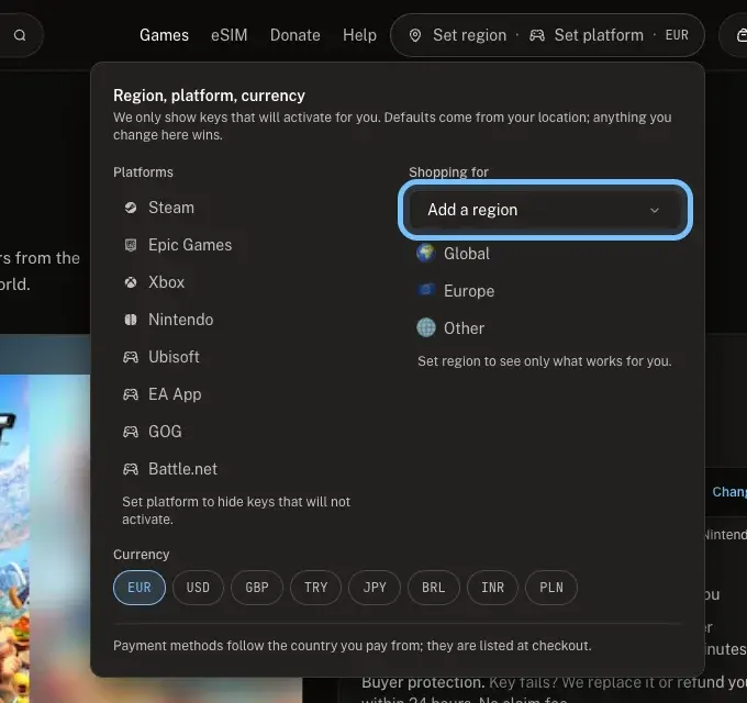Andalu's region and platform menu, opened from Set region at the top of the page, with the Add a region list ringed