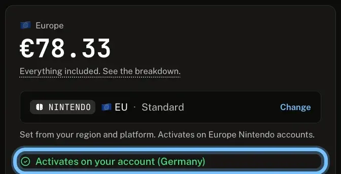 A game's page on Andalu, set to Germany and Nintendo, with the line Activates on your account ringed under the version