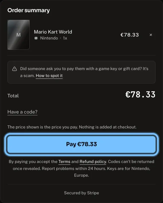 Andalu's checkout order summary with the Pay button ringed and Secured by Stripe underneath