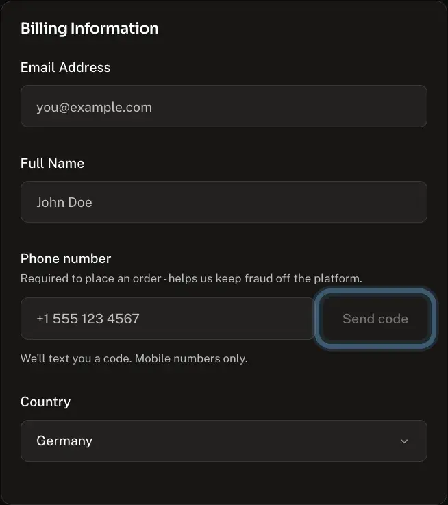 Andalu's checkout billing details, with the Send code button ringed beside the phone number field