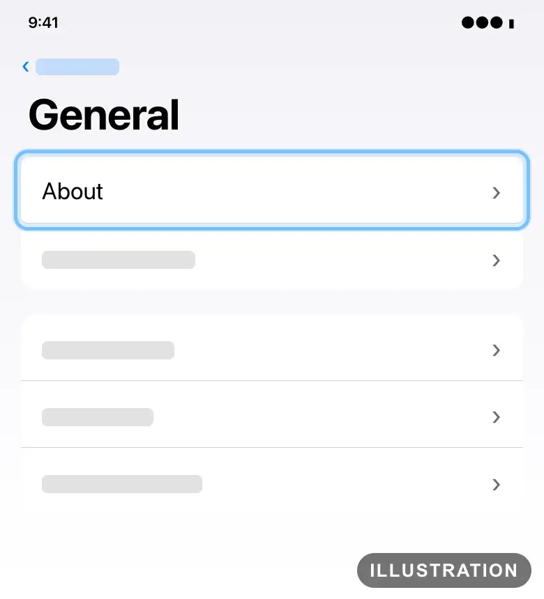 Illustration of the iPhone General settings with About ringed