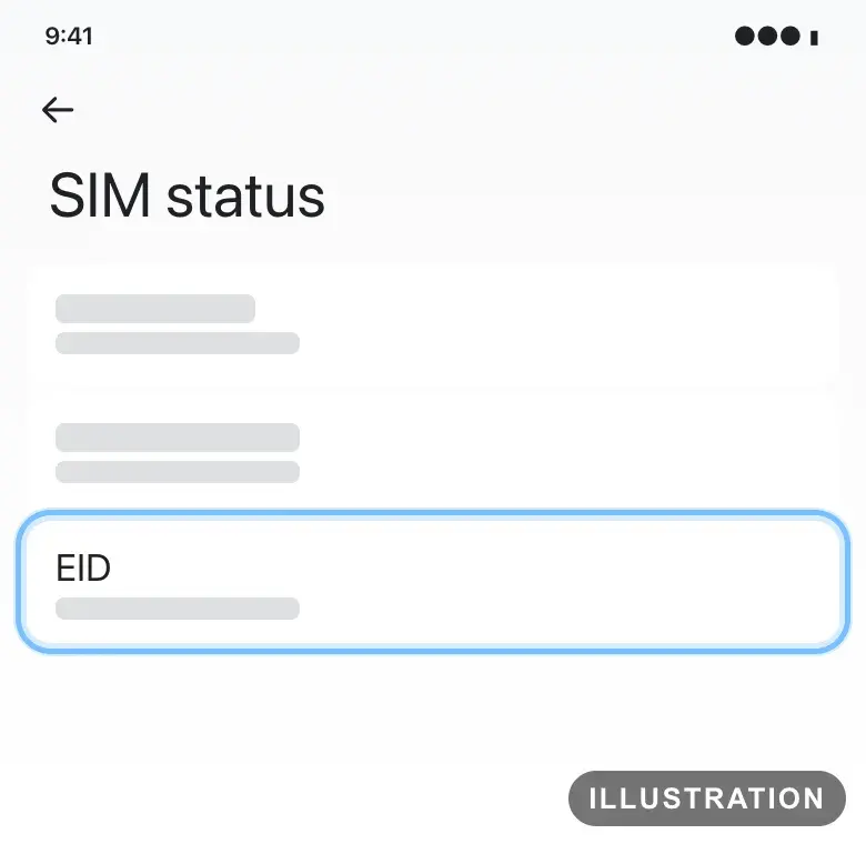 Illustration of the Pixel SIM status screen with the EID row ringed