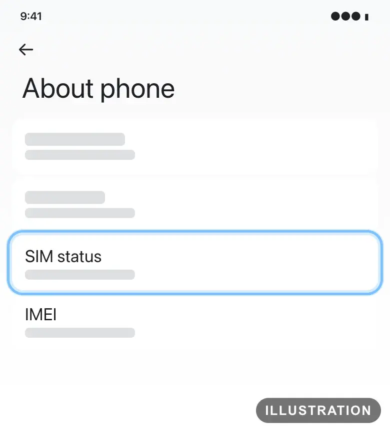 Illustration of the Pixel About phone screen with SIM status ringed