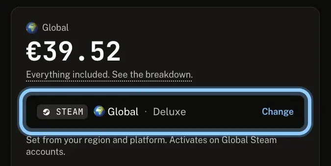 The top of the buy box for Age of Empires IV | Deluxe Edition, with the line Steam, Global, Deluxe next to Change ringed