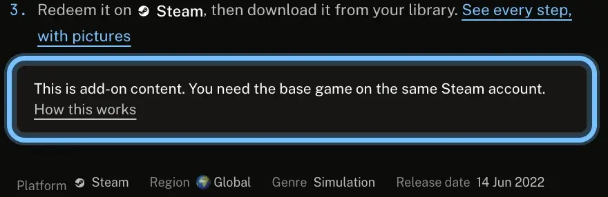 The How activation works section for Jurassic World Evolution 2: Dominion Biosyn Expansion, with the note This is add-on content. You need the base game on the same Steam account ringed