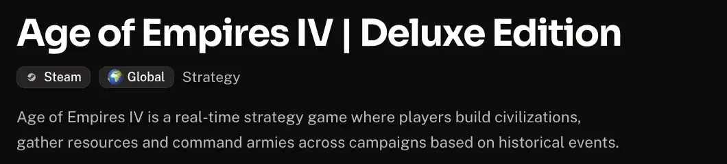 The top of an Andalu product page whose name, Age of Empires IV | Deluxe Edition, says which edition it is, with the Steam and Global tags under it