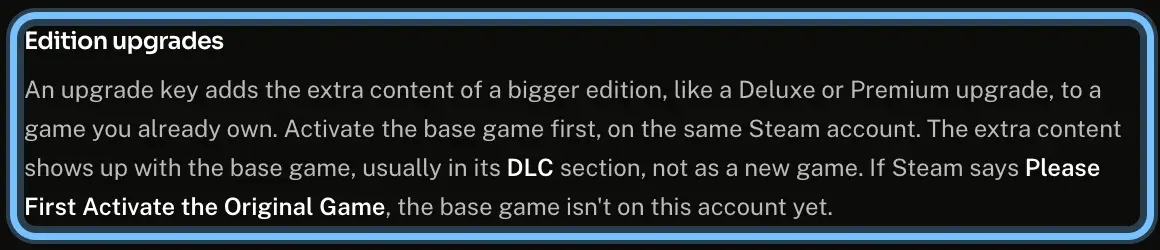 Andalu's Steam guide opened at its Edition upgrades section, which is ringed, where the How this works link lands