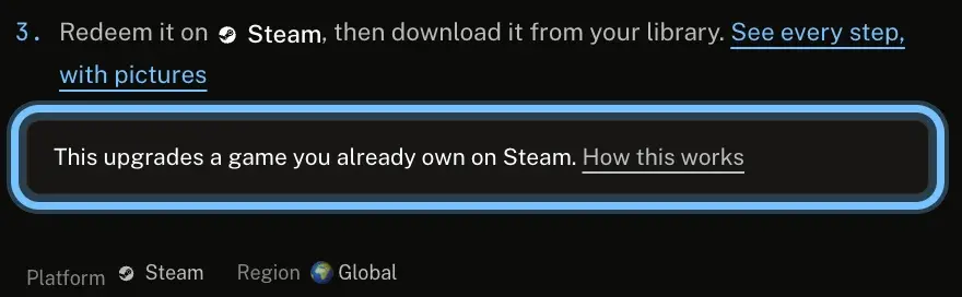 The How activation works section for Cities: Skylines - Deluxe Upgrade Pack, with the note This upgrades a game you already own on Steam ringed