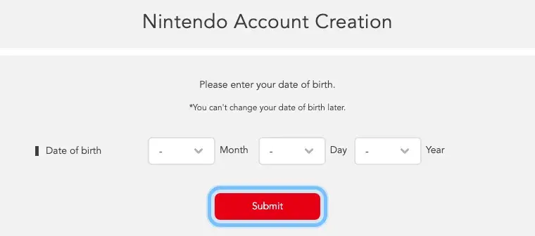 Nintendo's Nintendo Account Creation page asking for a date of birth, with the Submit button ringed