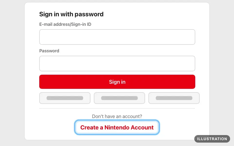 Illustration of the Nintendo Account website's sign-in page with the Create a Nintendo Account link ringed
