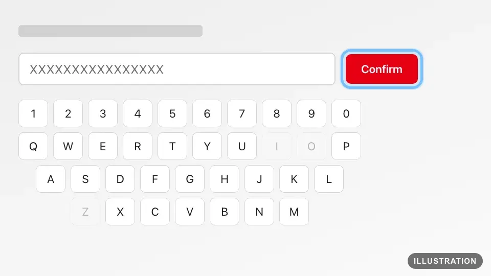 Illustration of the Nintendo Switch code entry screen with the letters O, I and Z grayed out and the Confirm button ringed
