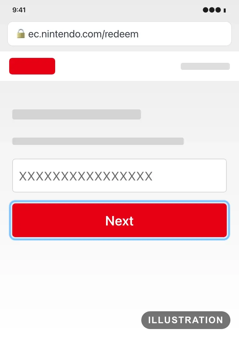 Illustration of Nintendo's redeem page in a phone browser with the code field and the Next button ringed