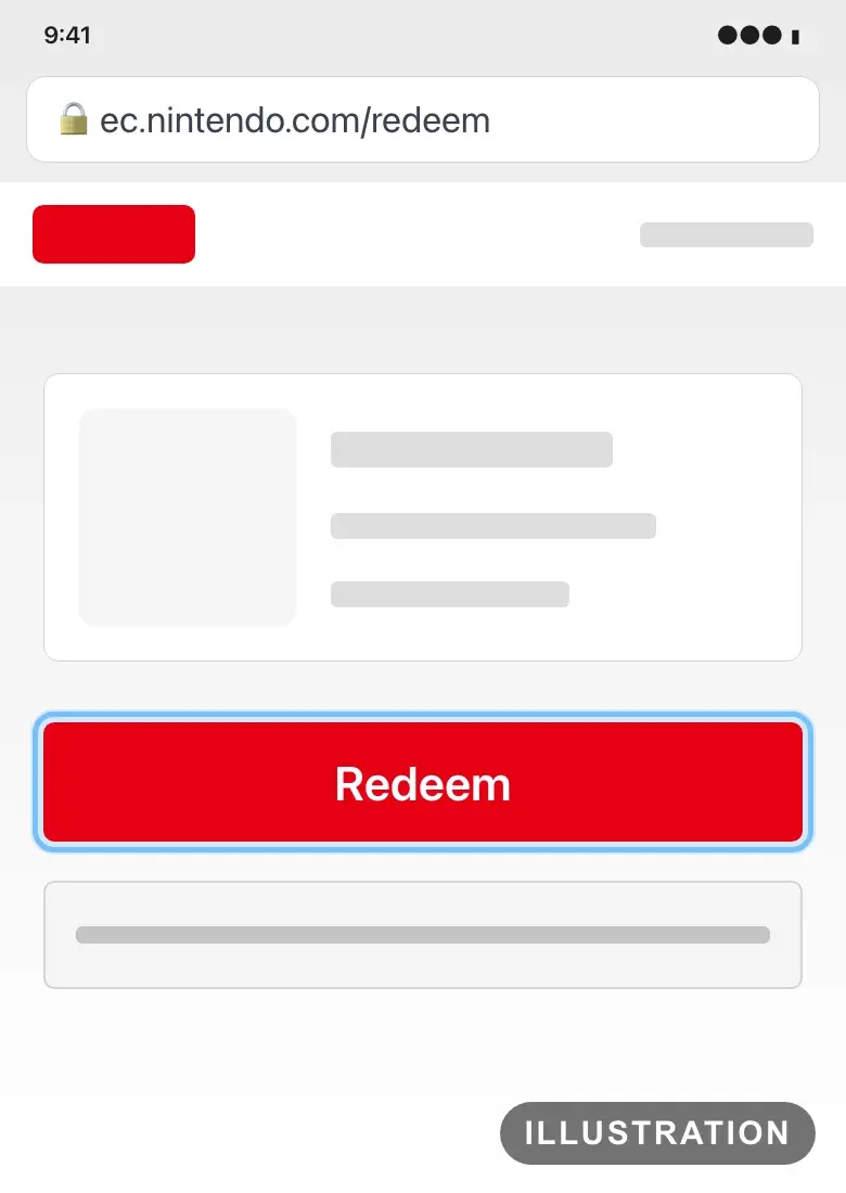 Illustration of Nintendo's redeem page in a phone browser at the last step, with the Redeem button ringed