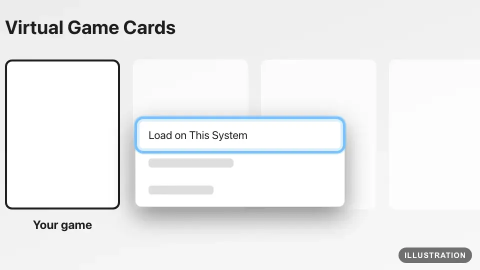 Illustration of Virtual Game Cards on a Nintendo Switch with a game selected and Load on This System ringed