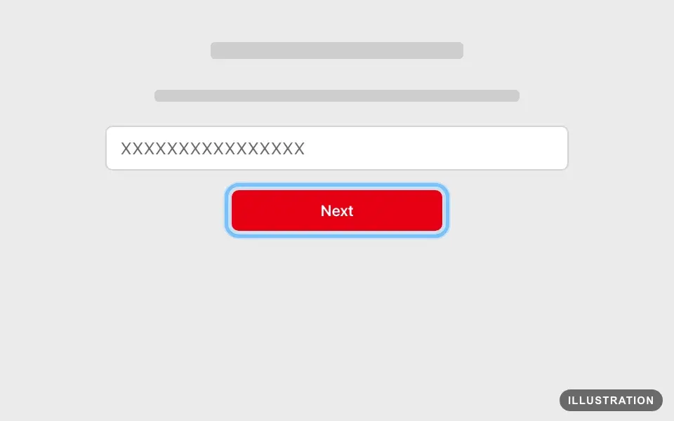 Illustration of Nintendo's redeem page after signing in, with the code field and the Next button ringed