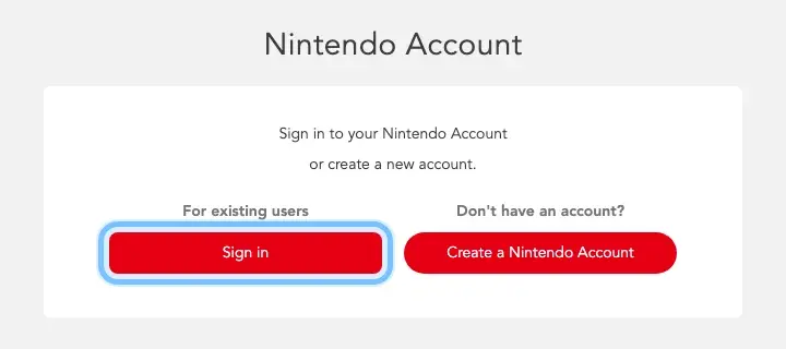 Nintendo's redeem page for a signed-out visitor, offering Sign in or Create a Nintendo Account, with Sign in ringed
