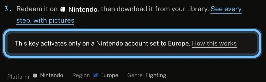 The How activation works section of an Andalu product page, with the note This key activates only on a Nintendo account set to Europe ringed