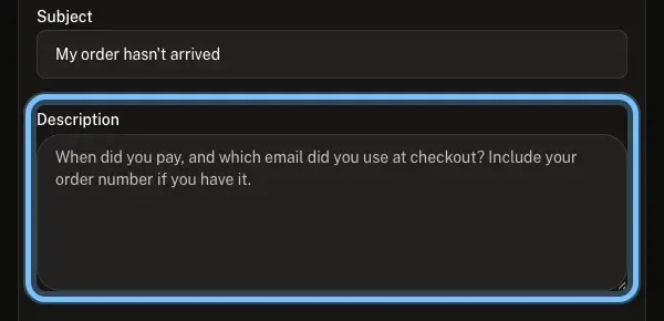 Andalu's contact form with the Description box ringed