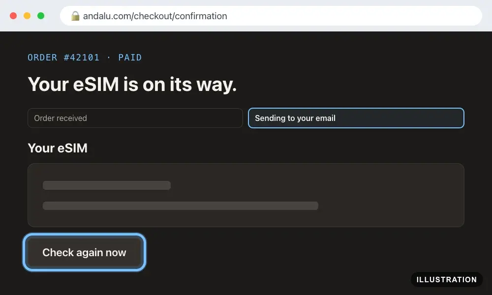 Illustration of the Andalu order confirmation page with an eSIM still being set up and the Check again now button ringed