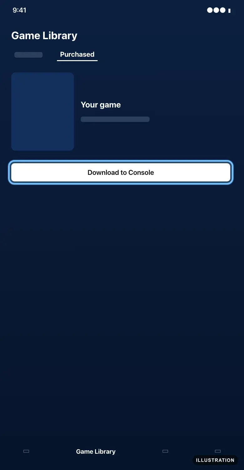 Illustration of the PlayStation App's Game Library on the Purchased tab with Download to Console ringed