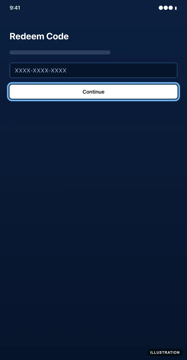 Illustration of the PlayStation App's Redeem Code screen with the code field and the Continue button ringed