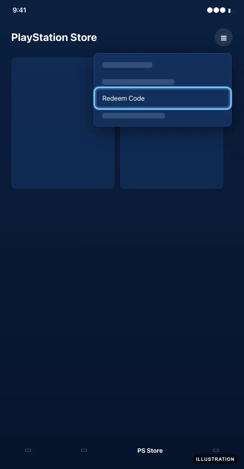 Illustration of the PlayStation App's store tab with the menu open and Redeem Code ringed