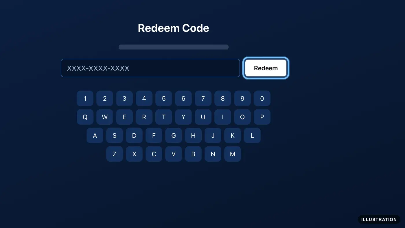 Illustration of the PS5 Redeem Code screen with the code field, the on-screen keyboard and the Redeem button ringed