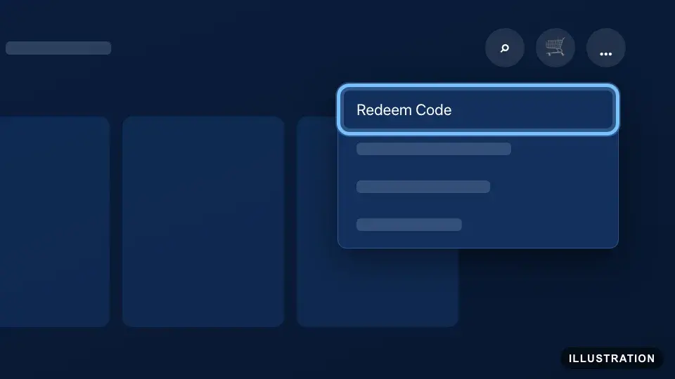 Illustration of the PlayStation Store on PS5 with the More menu open at the top right and Redeem Code ringed