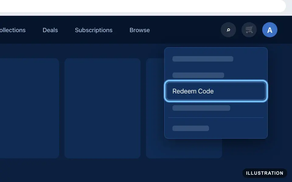 Illustration of the PlayStation Store website with the profile menu open and Redeem Code ringed