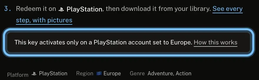 The How activation works section of an Andalu product page, with the note This key activates only on a PlayStation account set to Europe ringed