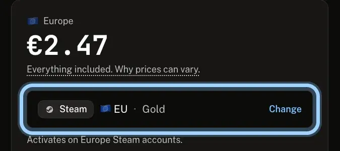 The top of the buy box on an Andalu product page, with the line showing Steam, EU and Gold next to Change ringed, above Activates on Europe Steam accounts