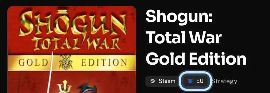 The top of an Andalu product page for a Europe-only Steam key, with the EU region tag under the game's name ringed beside the Steam tag