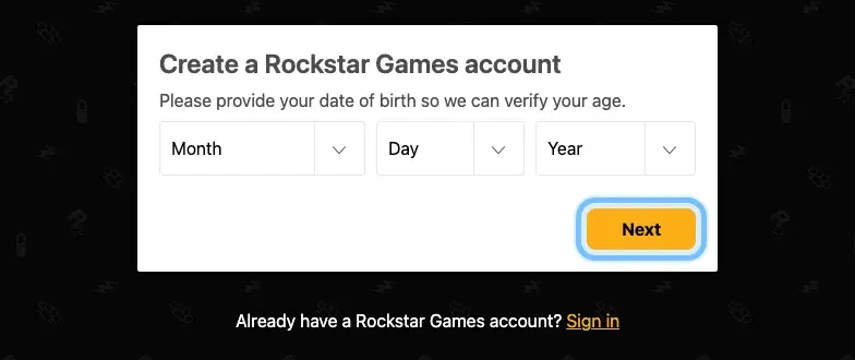 The first Create a Rockstar Games account screen, asking for a date of birth, with the Next button ringed