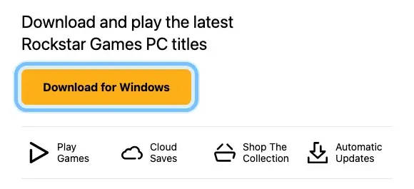 The Rockstar Games Launcher download page with the Download for Windows button ringed