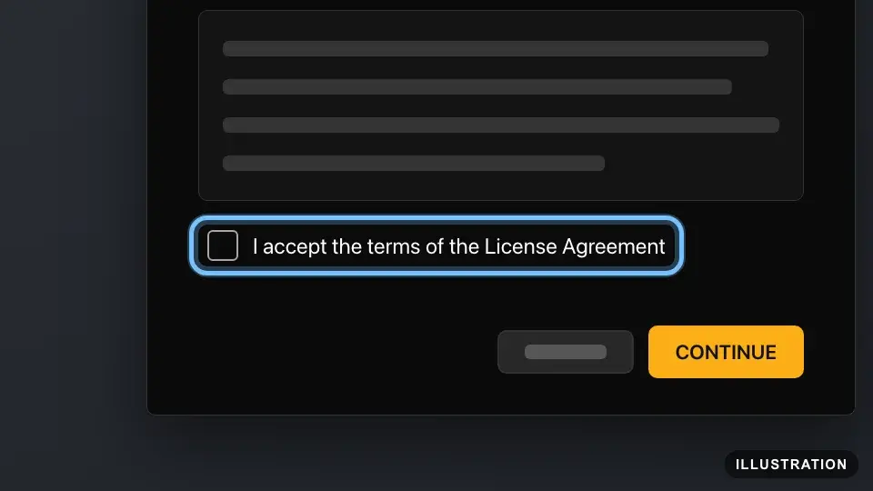 Illustration of the Rockstar Games Launcher installer's license screen with the I accept the terms of the License Agreement box ringed