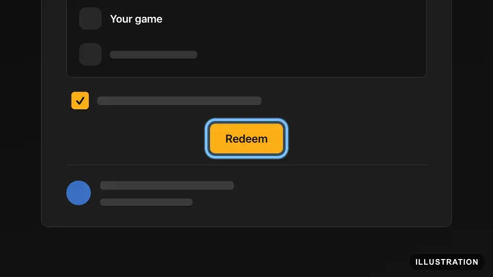 Illustration of the list of items a code adds in the Rockstar Games Launcher, with the box under the list ticked and the Redeem button ringed