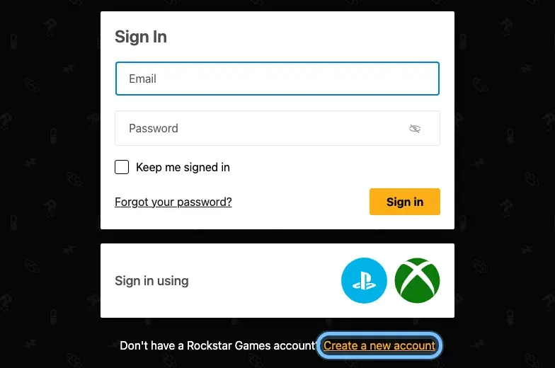 The Rockstar Games sign-in page, signed out, with the Create a new account link ringed