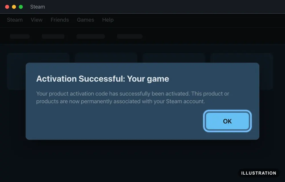 Illustration of the Steam app's Activation Successful message for a game, with the OK button ringed