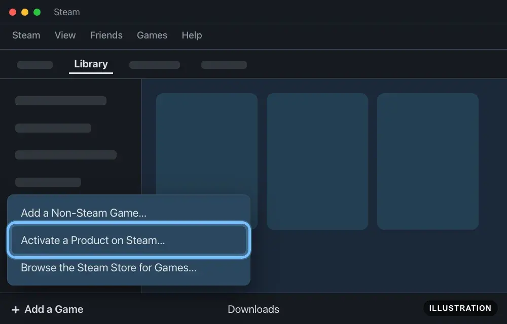 Illustration of the Steam Library with the Add a Game menu open at the bottom left and Activate a Product on Steam ringed