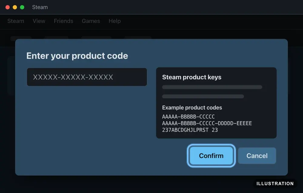 Illustration of the Steam app's Enter your product code window, with Steam's example key formats beside the code box and the Confirm button ringed