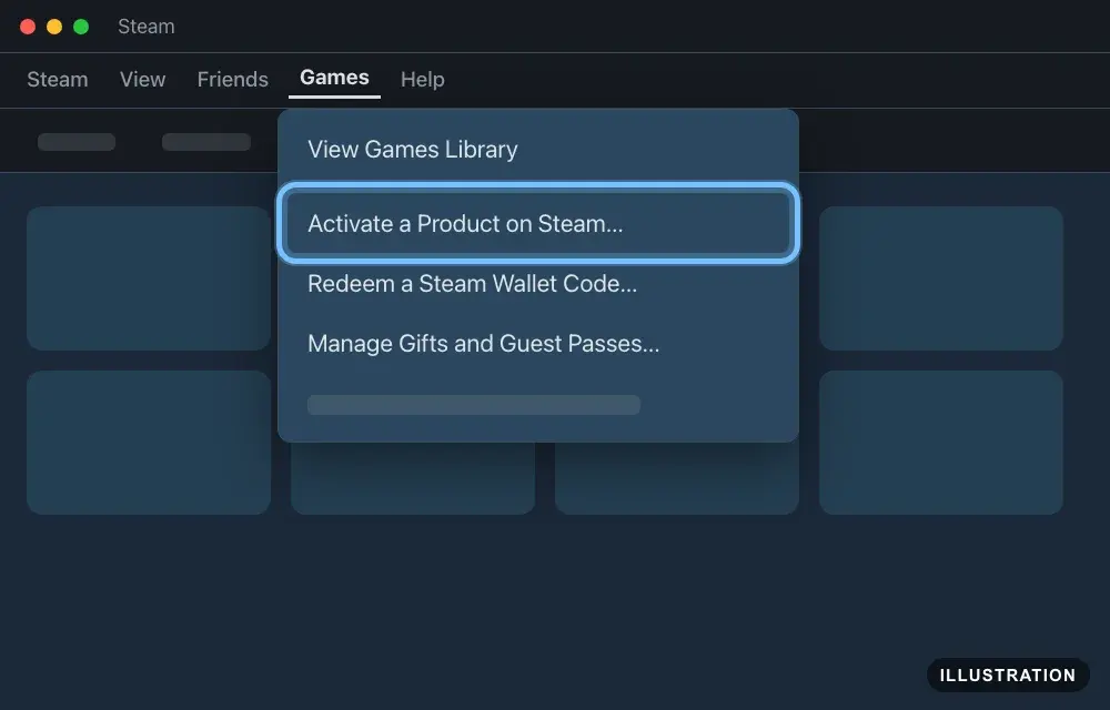 Illustration of the Steam app with the Games menu open and Activate a Product on Steam ringed