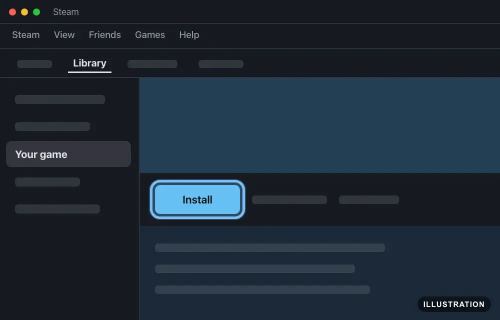 Illustration of a game's page in the Steam Library, with the Install button ringed