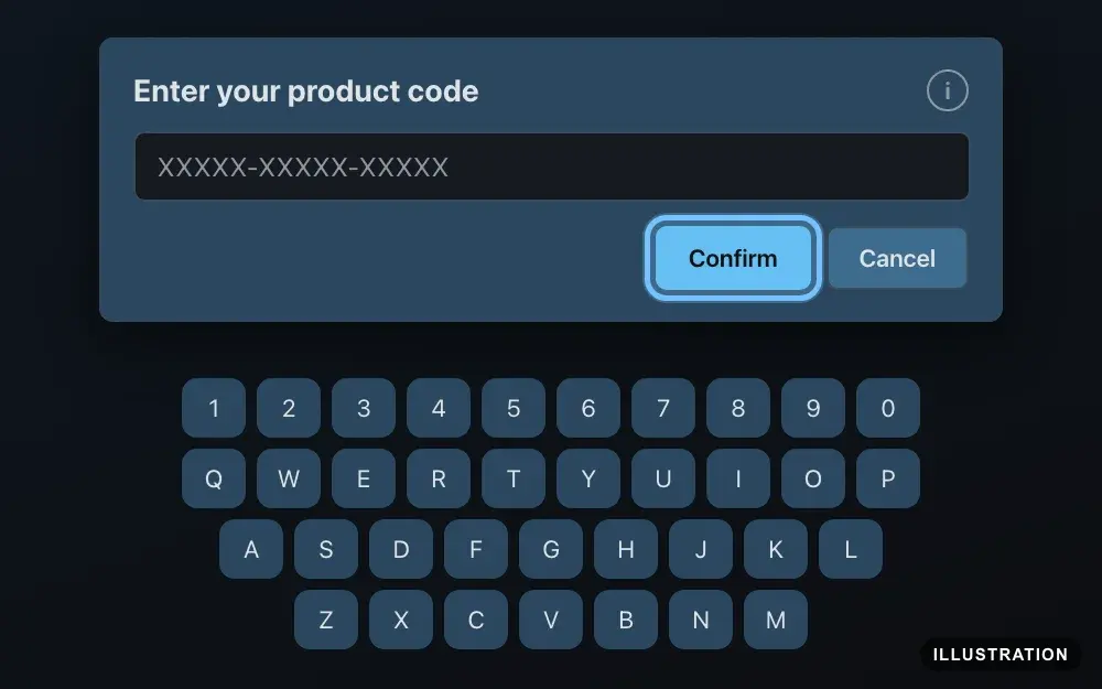 Illustration of the Enter your product code window on Steam Deck, with the on-screen keyboard below and the Confirm button ringed